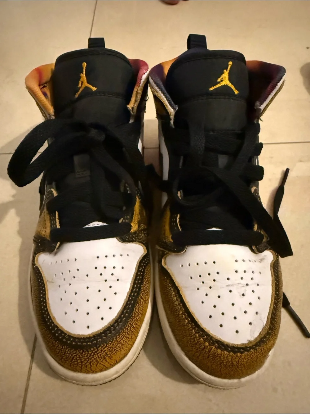 Nike Jordan Kids' High-Top Sneakers in White, Black & Gold